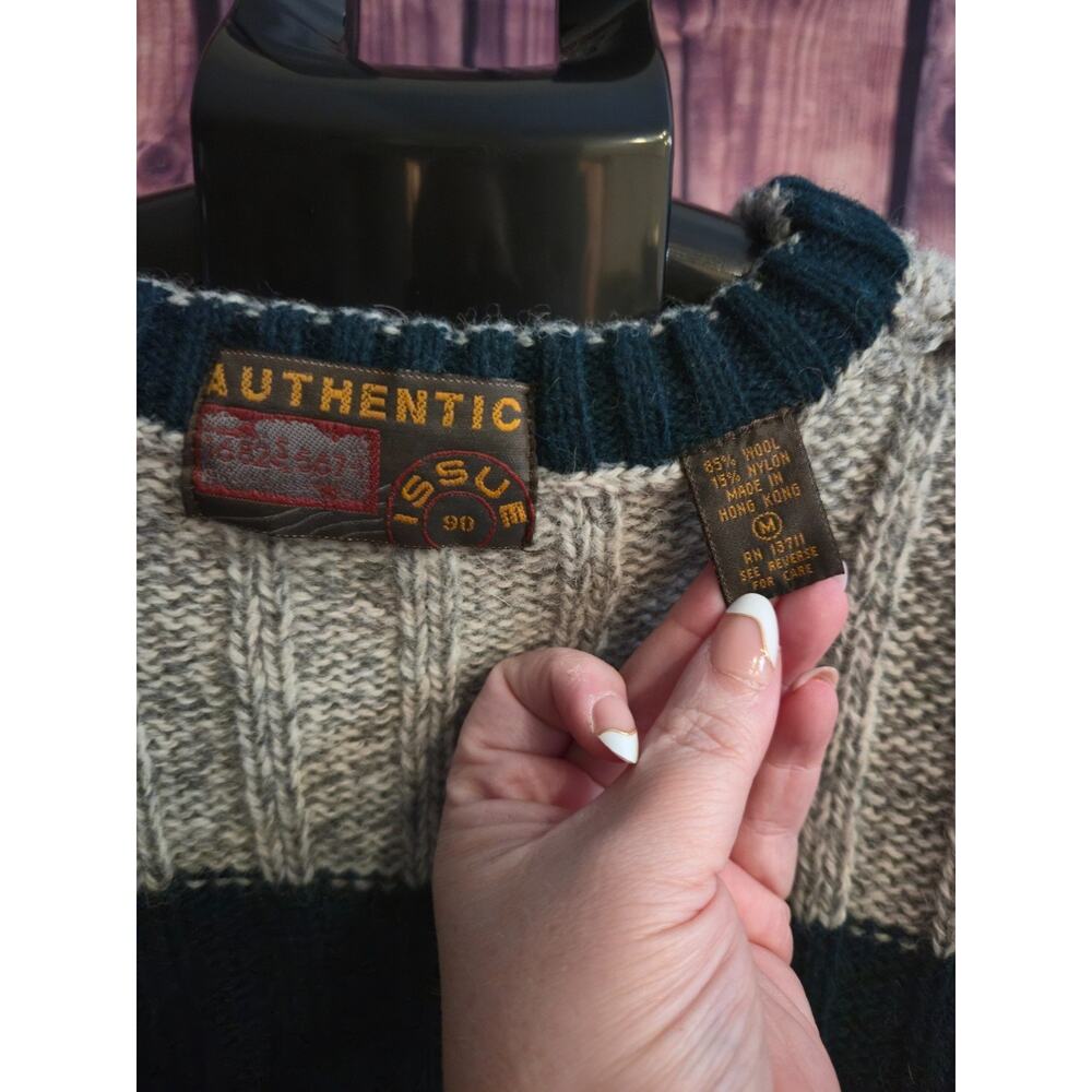 Vintage Wool Blend Chunky Rib Knit Striped Crewneck Sweater M Authentic Issue 90 - Picture 6 of 6